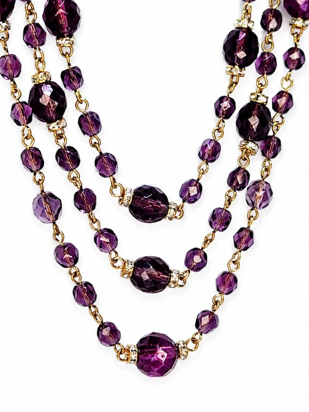 Vintage Sequin New York Triple-Strand Purple Glass Bead Necklace